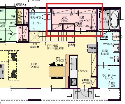 中庭住宅の間取り　リビング収納・ファミリー収納