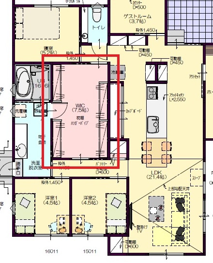 中庭住宅の間取り　リビング収納・ファミリー収納